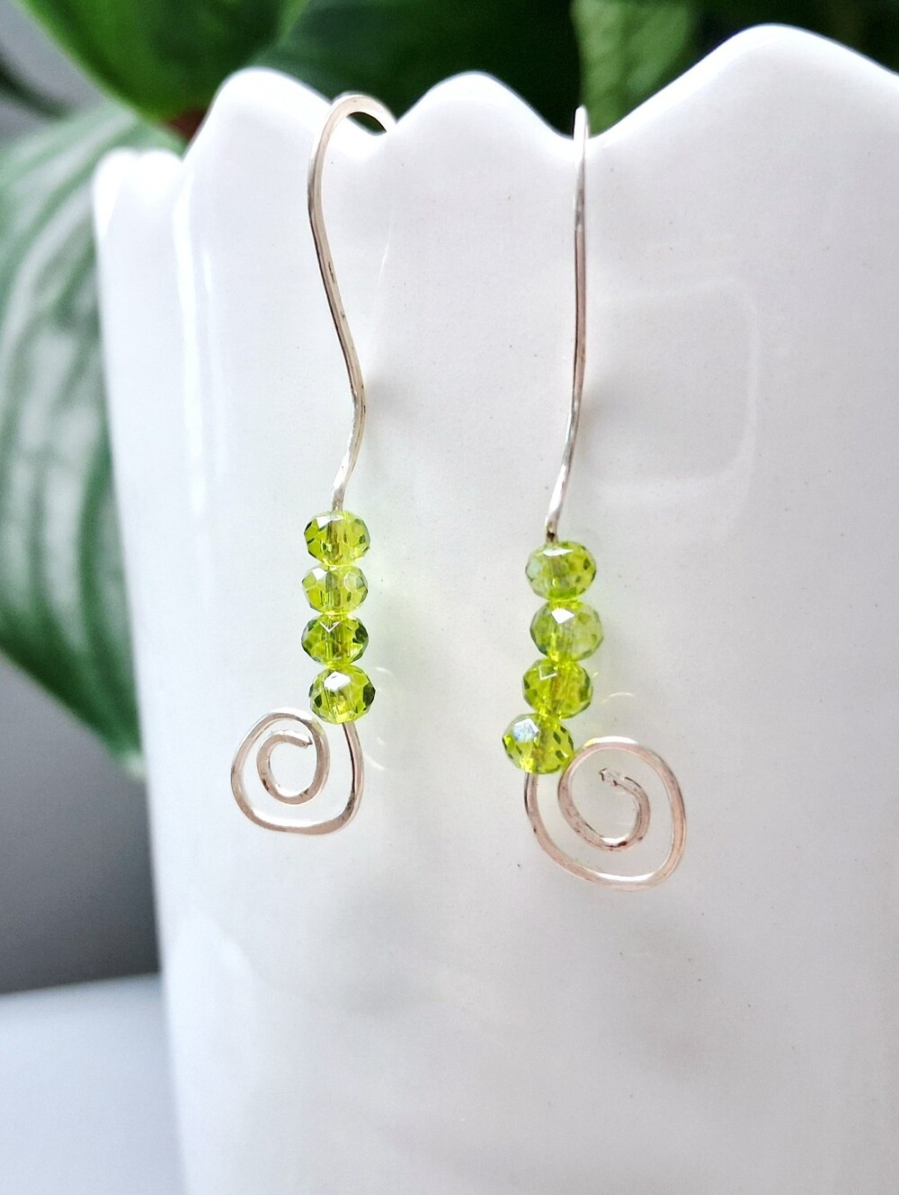 BOGO EARRINGS - Hammered Beaded Dangle Earrings, Faceted Green Glass, 1.75"